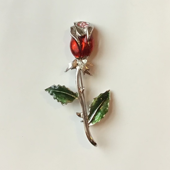 Vintage Jewelry - Vintage Enameled Rose Pin Flower Brooch Signed Silver Tone